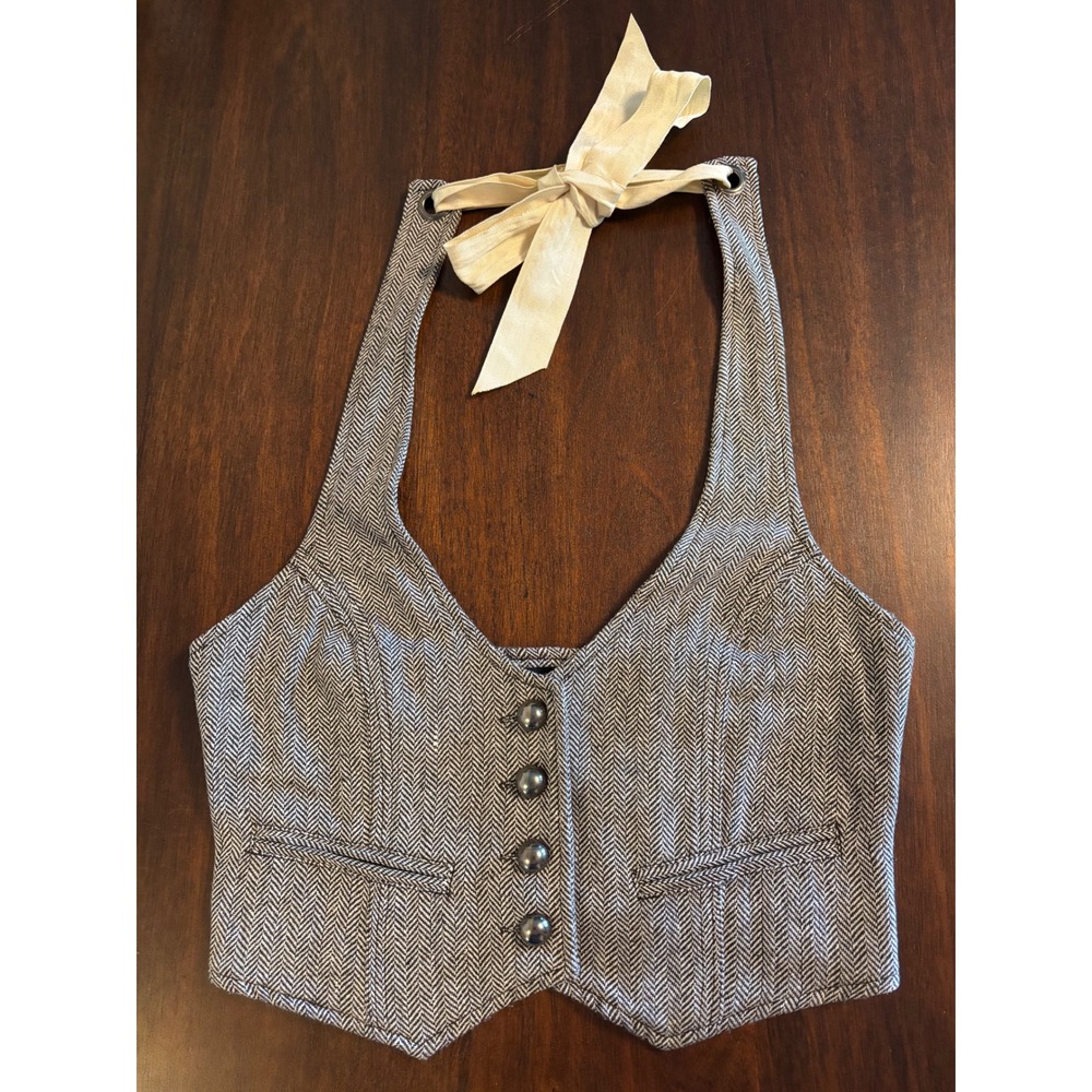 Crown of Hearts Herringbone Halter Vest Top Tweed Wool Blend Black White Medium